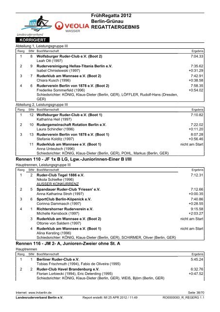 2012 Früh-Regatta Ergebnis - Landesruderverband Berlin eV