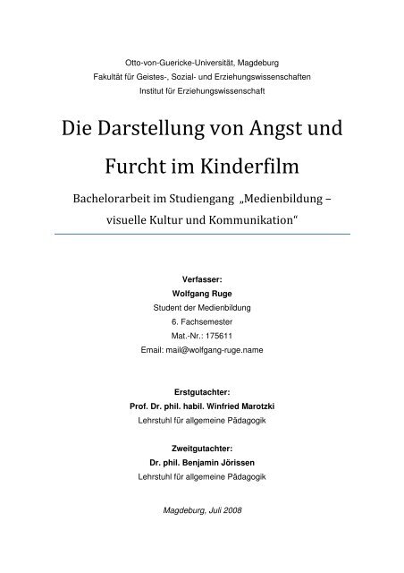 Die Darstellung von Angst und Furcht im Kinderfilm - Wolfgang Ruge