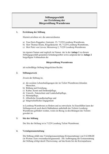 Stiftungsgeschäft zur Errichtung der Bürgerstiftung Warmbronn