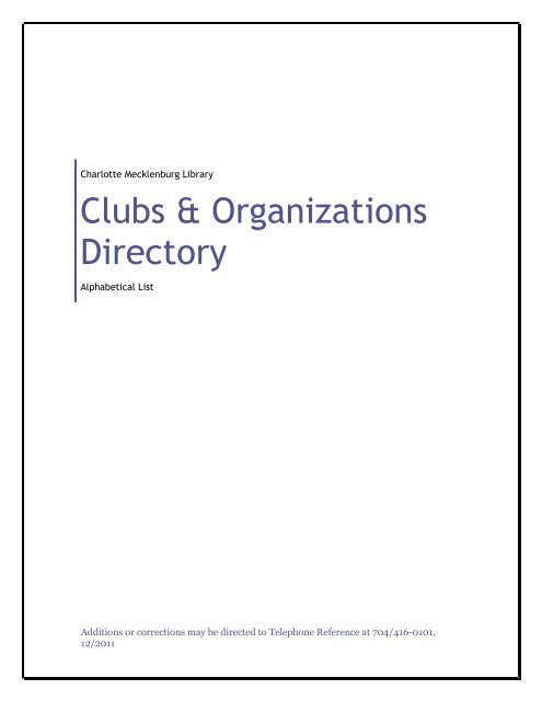 Clubs & Organizations Directory - Public Library of Charlotte and ...