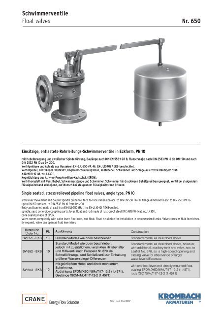 Schwimmerventile Float valves Nr. 650 - Krombach