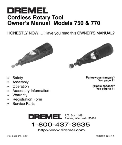 Cordless Rotary Tool Owner's Manual 750 &amp; 770 1-800-437