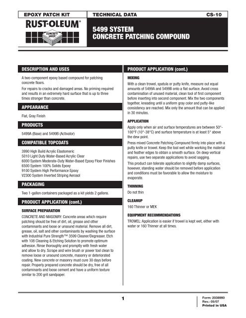 5499 System Concrete Patching Compound Rust Oleum Corporation