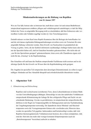 Mindestanforderungen an die Haltung von Reptilien I. Allgemeiner Teil