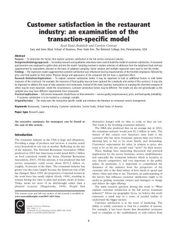 customer satisfaction in the restaurant industry This statistic shows the american customer satisfaction index scores for full-service restaurants in the united restaurant industry food and drinks sales. customer satisfaction in the restaurant industry This statistic shows the american customer satisfaction index scores for full-service restaurants in the united restaurant industry food and drinks sales.