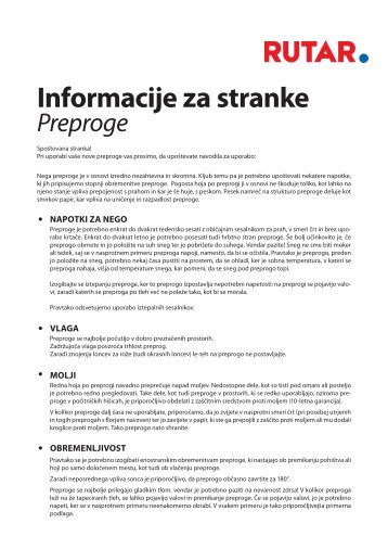 Informacije za stranke Preproge - Rutar