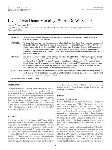 Living Liver Donor Mortality - Cleveland Clinic Home