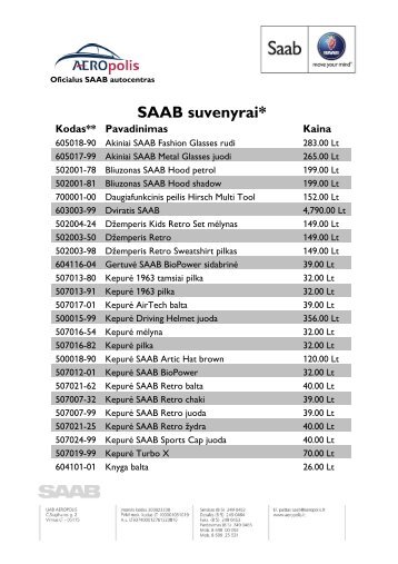 SAAB suvenyrai* Kodas** Pavadinimas Kaina - AEROpolis