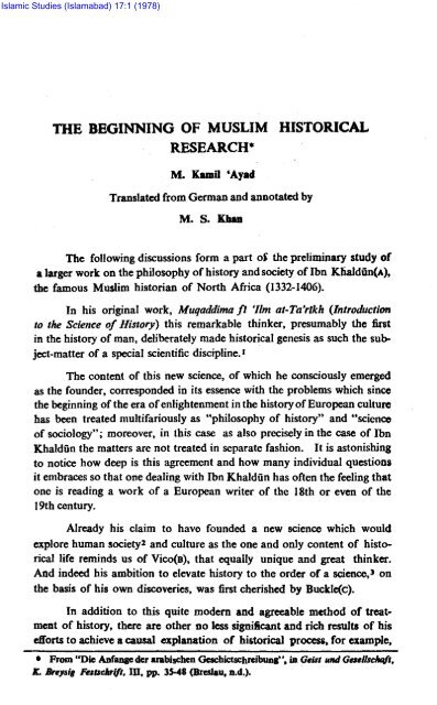 THE BEGINNING OF MUSLIM HISTORICAL RESEARCH*