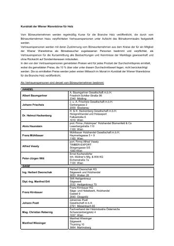 Kursblatt der Wiener Warenbörse für Holz Vom ... - Wiener Börse