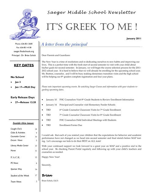 Newsletter 1 11 Saeger Middle School Home Page