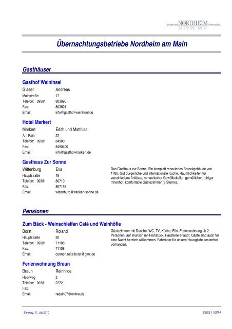 Übernachtungsbetriebe Nordheim am Main Gasthäuser