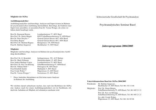 Psychoanalytisches Seminar Basel Jahresprogramm 2004/2005