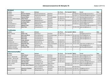 Adressenverzeichnis SC Bümpliz 78 Saison 2011/12