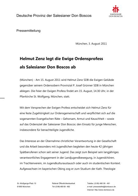 Helmut Zenz legt die Ewige Ordensprofess als Salesianer Don ...