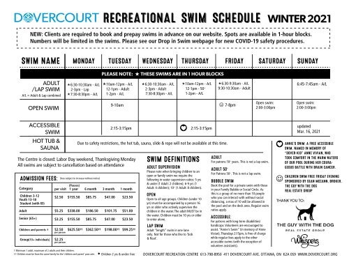 Dovercourt Fall2020 Rec swim schedule