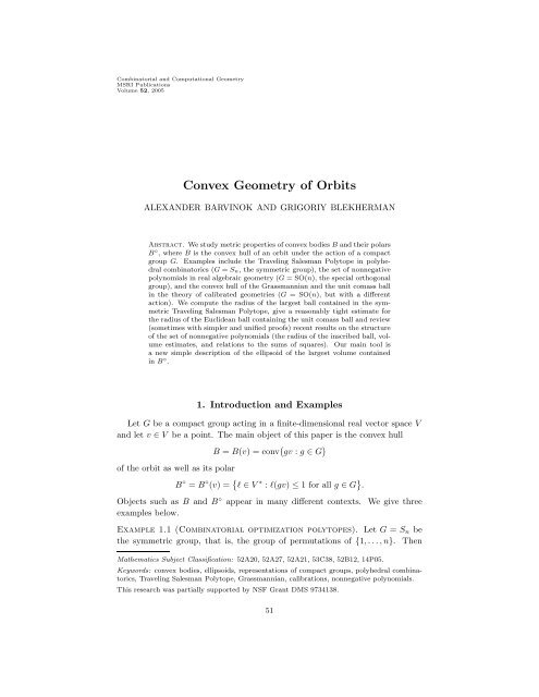 Convex Geometry of Orbits - MSRI