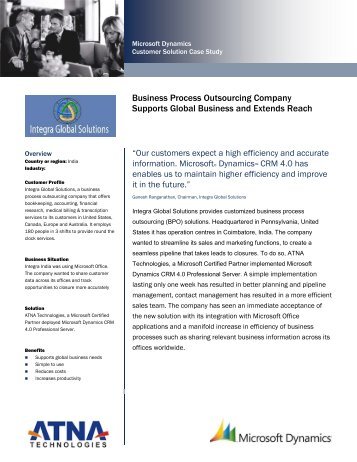 Integra Global Solutions CRM Case Study - Atna Technologies