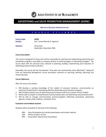 ADVERTISING and SALES PROMOTION MANAGEMENT (ASPM)