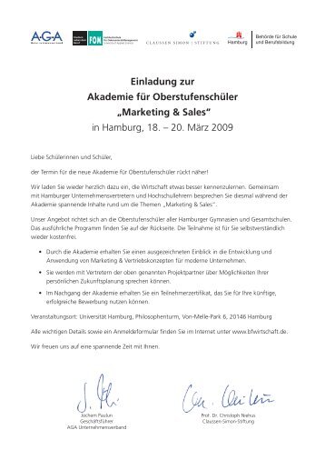 Einladung zur Akademie für Oberstufenschüler „Marketing & Sales ...