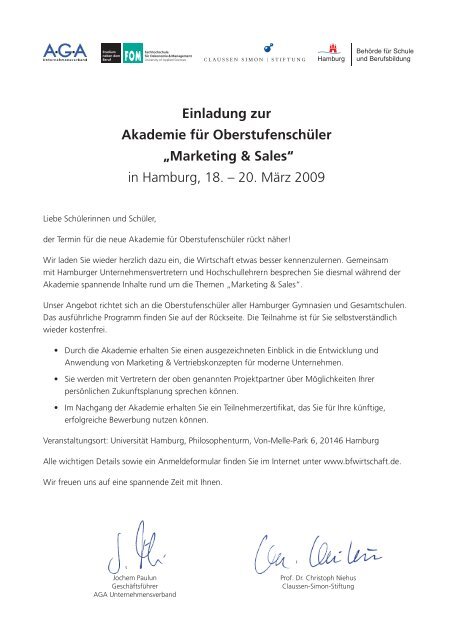 Einladung zur Akademie für Oberstufenschüler „Marketing & Sales ...