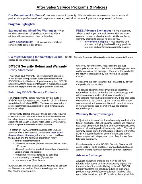 After Sales Service Programs Policies Bosch Security Systems