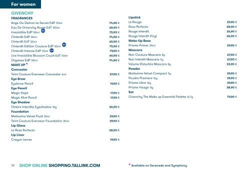 Tallink Silja Line perfumes/cosmetics/fashion 9/2020-4/2021 pricelist