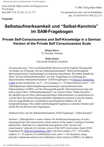 Selbstaufmerksamkeit und “Selbst-Kenntnis” im SAM-Fragebogen