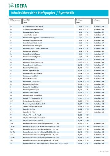 Inhaltsübersicht Haftpapier / Synthetik
