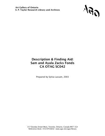 Description & Finding Aid: Sam and Ayala Zacks Fonds CA OTAG ...
