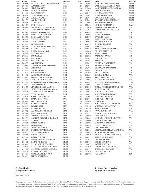 MBBS INT LIST 2012 - 1 - Christian Medical College, Vellore