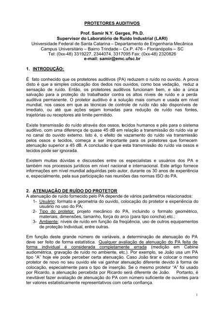 PROTETORES AUDITIVOS Prof. Samir N.Y. Gerges ... - LARI - UFSC