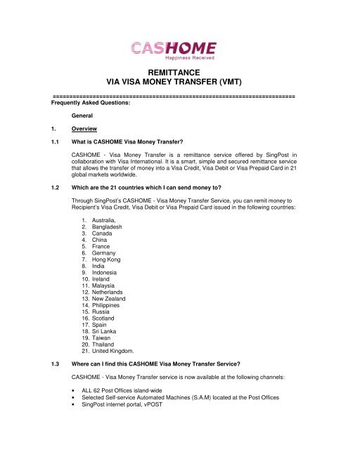 REMITTANCE VIA VISA MONEY TRANSFER (VMT) - Singapore Post