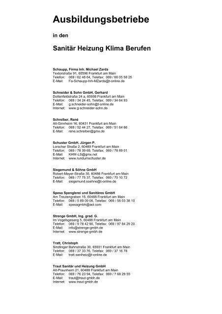 Ausbildungsbetriebe - Sanitär Heizung Klima-Innung