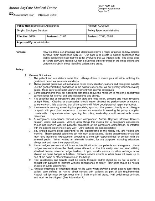 Employee Appearance Policy Pdf Aurora Health Care