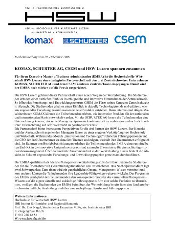 KOMAX, SCHURTER AG, CSEM und HSW Luzern spannen ...