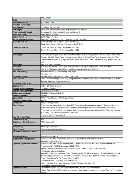 Download PIXMA MP250 - Specification sheet - Canon