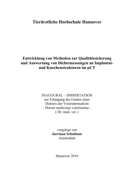 Tierärztliche Hochschule Hannover Entwicklung von Methoden zur ...