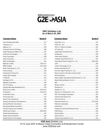 G2E Asia Exhibitor List 13-14 June 2007 at Macau Tower ...