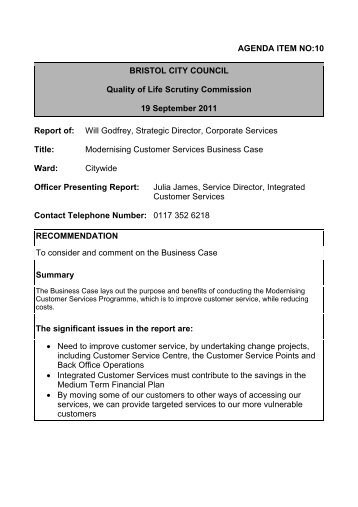 Modernising Customer Services Business Case - Bristol City Council