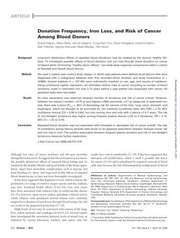 Donation Frequency, Iron Loss, and Risk of Cancer Among Blood ...