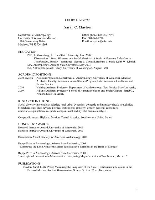 Sarah Clayton CV - Department of Anthropology - University of ...