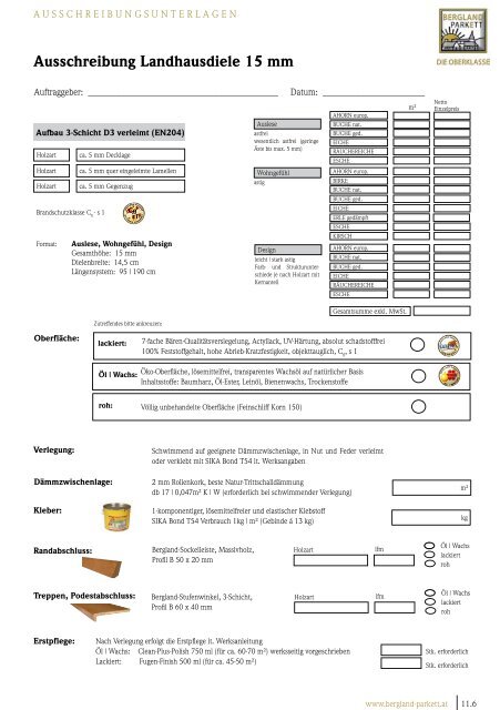 Ausschreibung Landhausdiele 15 mm - Bergland-Parkett