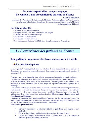 I - L'expérience des patients en France - APMA