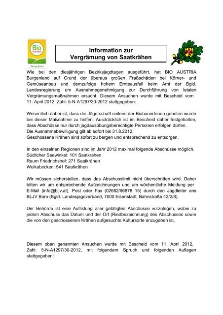 Information zur Vergrämung von Saatkrähen - Burgenländischer ...