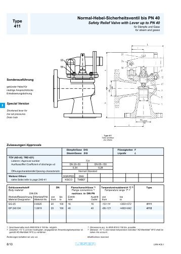 Type 411 Normal-Hebel-Sicherheitsventil bis PN 40 - Brunnbauer