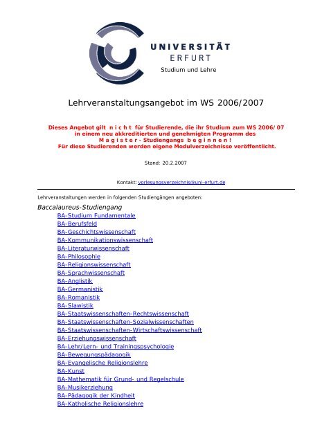 Lehrveranstaltungsangebot im WS 2006/2007 - Universität Erfurt