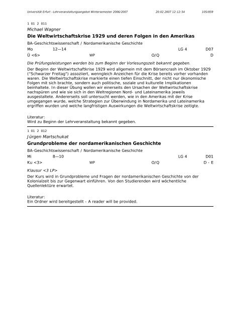 Lehrveranstaltungsangebot im WS 2006/2007 - Universität Erfurt