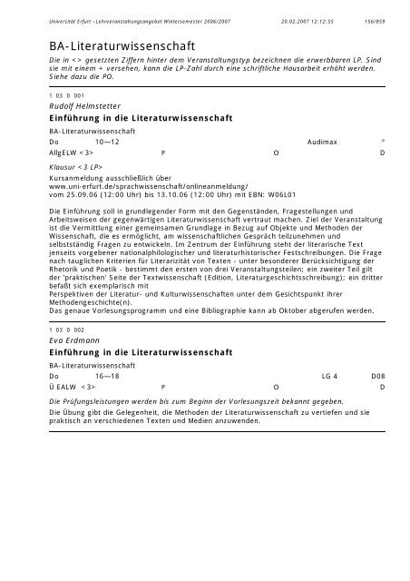 Lehrveranstaltungsangebot im WS 2006/2007 - Universität Erfurt