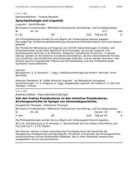 Lehrveranstaltungsangebot im WS 2006/2007 - Universität Erfurt